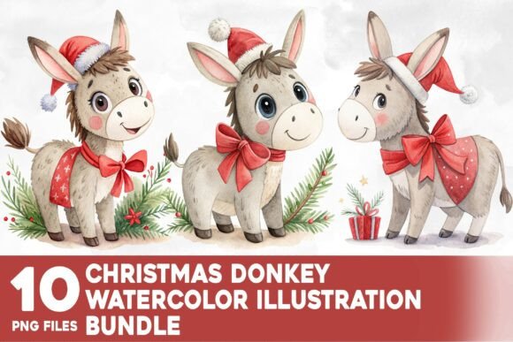 Christmas Donkey Watercolor Bundle: Festive Illustrations