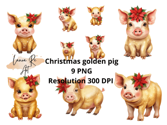 Christmas Golden Pig Illustrations for Bloggers