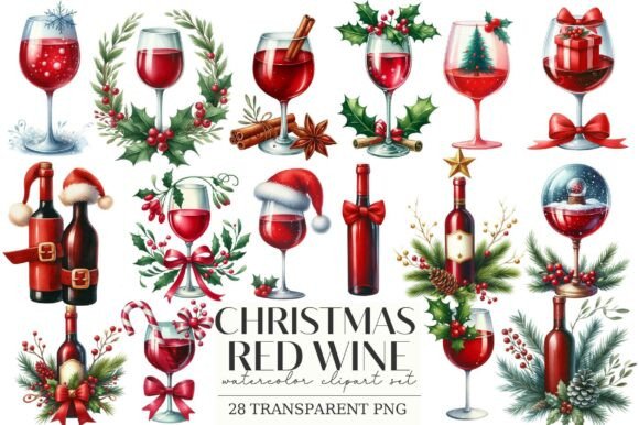 Christmas Red Wine Watercolor Clipart for Illustrations