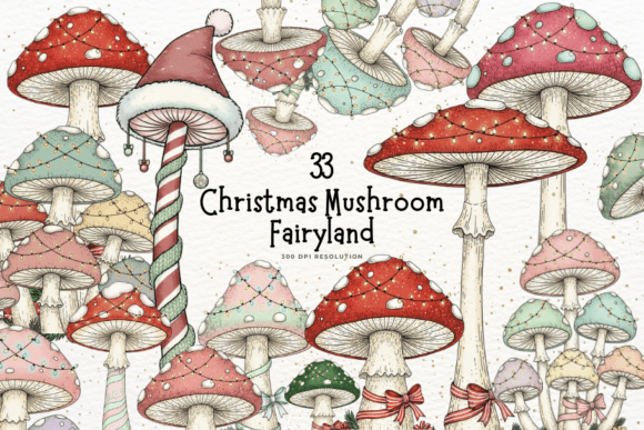 Christmas Vintage Mushrooms Clipart: Festive Illustrations