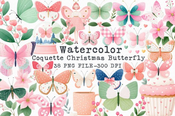 Coquette Christmas Butterfly Clipart & Illustrations