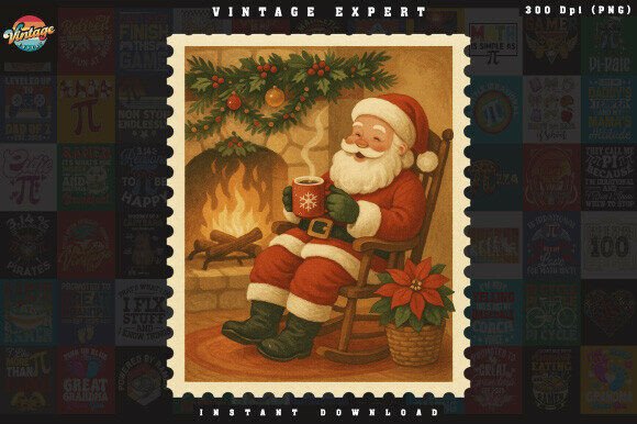 Vintage Christmas Postage Stamp Santa Illustrations