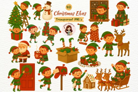 Watercolor Christmas Elves Clipart PNG Illustrations