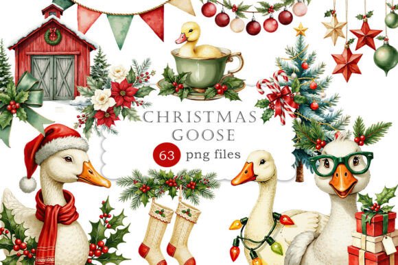 Watercolor Christmas Goose: Rustic Red Illustrations