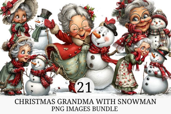 Whimsical Christmas Grandma & Snowman Illustrations